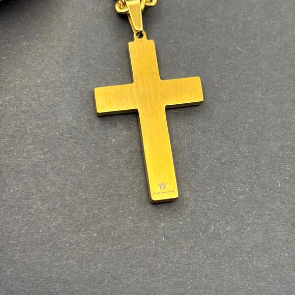 Blackjack BJP48G Mens 18K Gold Plated Stainless Steel Cross Necklace with CZ NWT - Picture 12 of 15